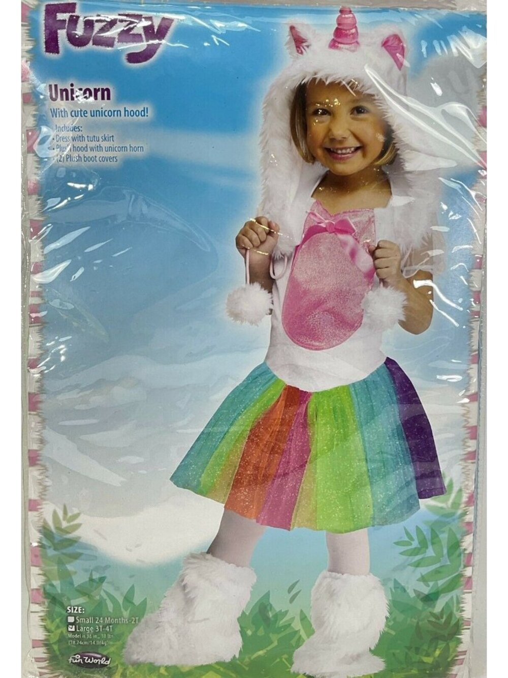 Fun World Fuzzy Unicorn Halloween Costume Toddler 3T-4T Hood Tutu Booties New